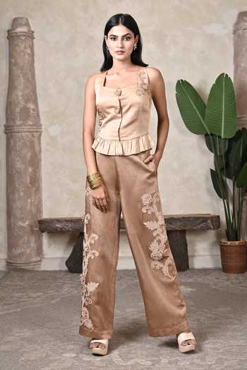 BAANI KHURANA Beige Embroidered Top & Pant Set 