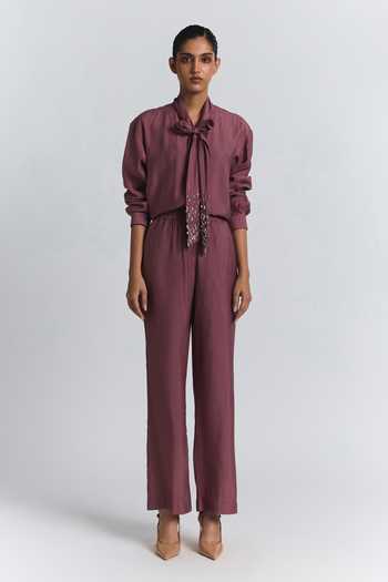 Line Out Line Chanderi Bow Tie Shirt & Pant Set 