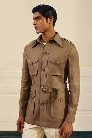 Gargee Designers Linen Herringbone Shacket With Belt 
