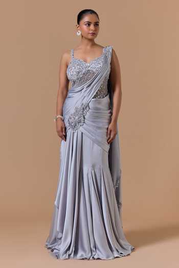 Nitika Gujral Placed Embroidered Pre-Draped Saree With Blouse 