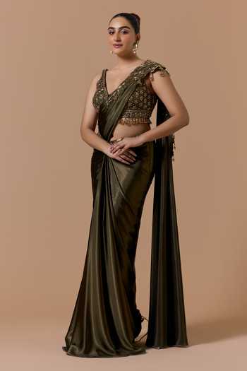 Nitika Gujral Olive Green Pre-Draped Saree With Embroidered Blouse 