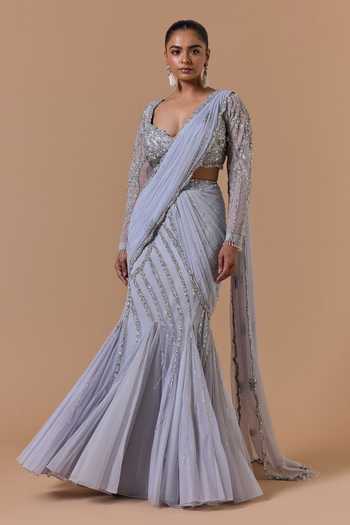 Nitika Gujral Grey Net Pre-Draped Saree With Embroidered Blouse 