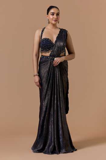 Nitika Gujral Navy Blue Pre-Draped Saree With Embroidered Blouse 