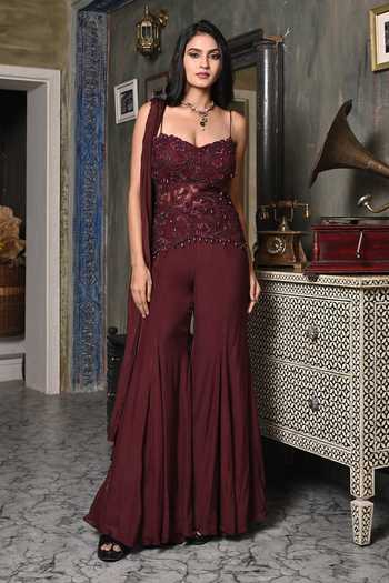 BAANI KHURANA Burgundy Top Sharara Set 