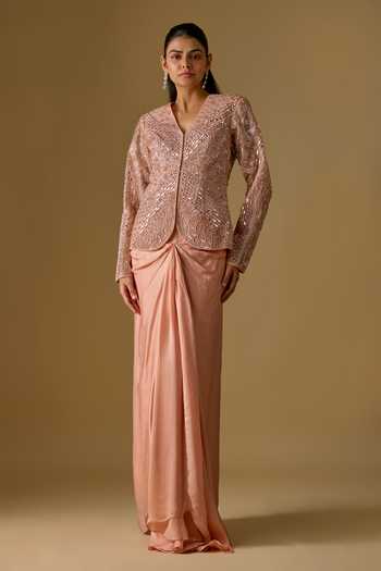 Asaga Coraqua Abstract Embroidered Jacket & Draped Skirt Set 
