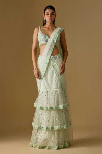 Asaga Aquaria Abstract Embroidered Pre-Draped Saree With Blouse 