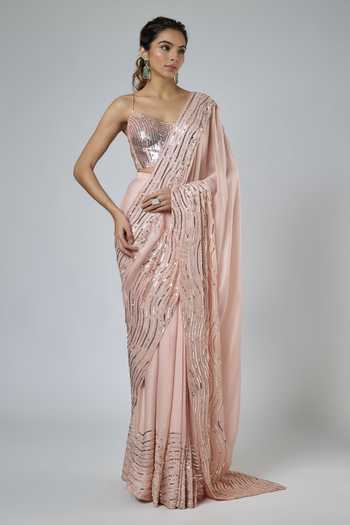 Masumi Mewawalla Sequined Wavy Pattern Pre-Draped Saree With Blouse 