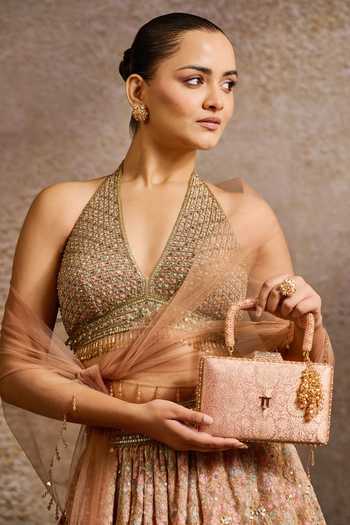 Tarun Tahiliani Beaded Handle Floral Brocade Clutch Bag 