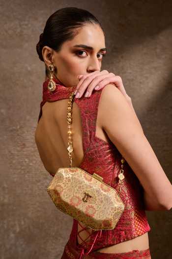 Tarun Tahiliani Octagon Shaped Floral Brocade Sling Clutch Bag 