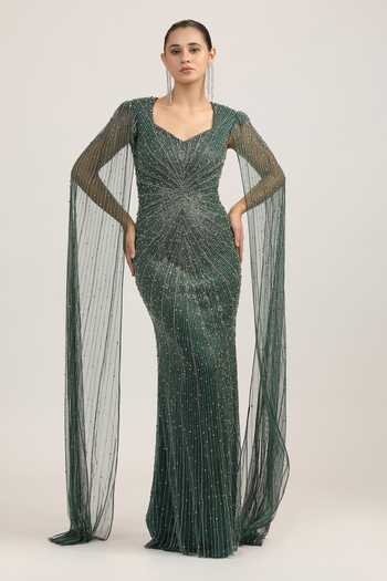 Bling Empire Emerald Solstice Cape Sleeve Embroidered Gown 