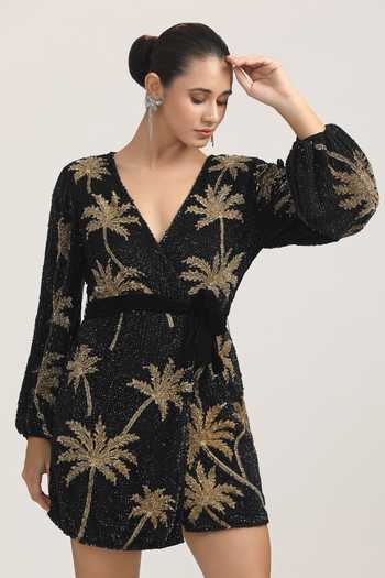 Bling Empire Palm Noir Mini Wrap Dress 