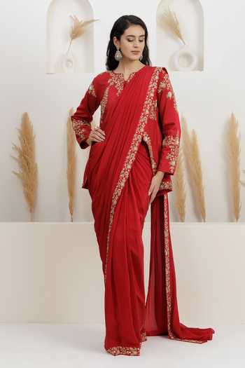 BAIDEHI Pre-Draped Saree With Embroidered Jacket 
