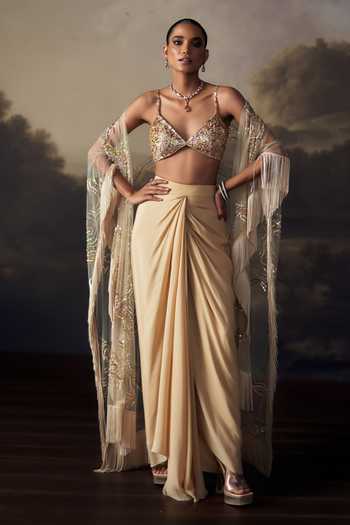 Ohaila Khan Sequin Embroidered Bralette Skirt Set With Cape 