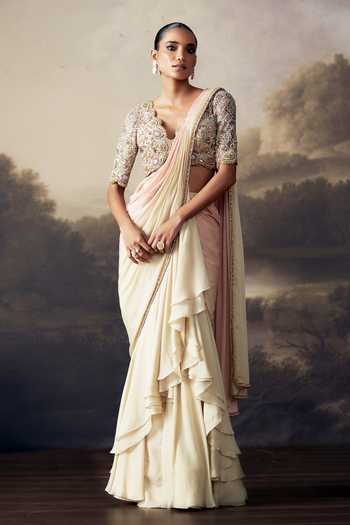 Ohaila Khan Embroidered Blouse With Ruffle Pre-Draped Saree 