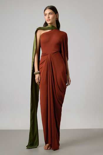NA-KA One Shoulder Draped Gown With Detachable Sash 