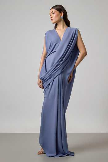 NA-KA Blue Georgette V-neck Double Pleated And Cowl Gown. 
