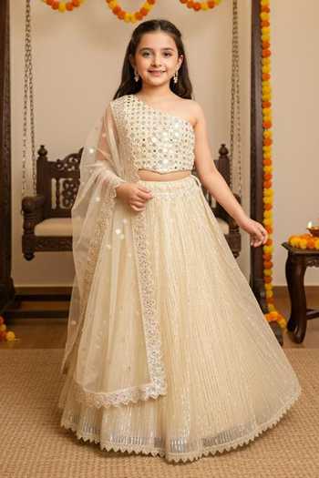 MINIME ORGANICS Embroidered One-Shoulder Choli & Gota Lehenga Set 
