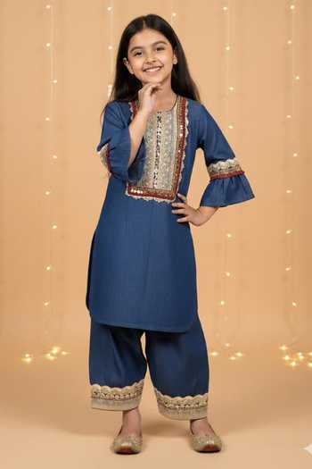 MINIME ORGANICS Denim Embroidered Kurta & Salwar Set 