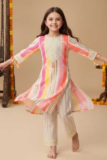 MINIME ORGANICS Striped Mirror Work Kurta & Salwar Set 