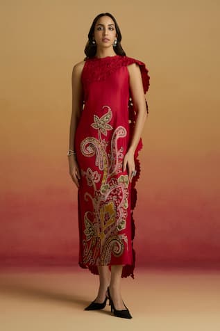 Chandrima Red Draped Detail Embroidered Straight Dress 