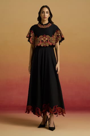 Chandrima Black Embroidered Cape Flounce Dress 
