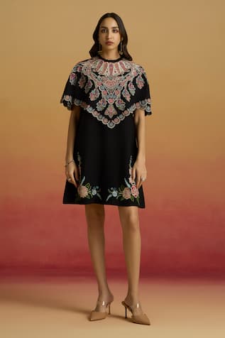 Chandrima Black Applique Embroidered Cape Dress 