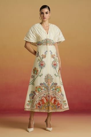 Chandrima Ivory Pleated Embroidered Midi Dress 