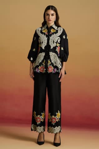Chandrima Black Contrast Paisley Work Pant 