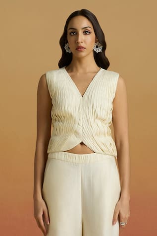 Chandrima Ivory Pleated Crop Top 