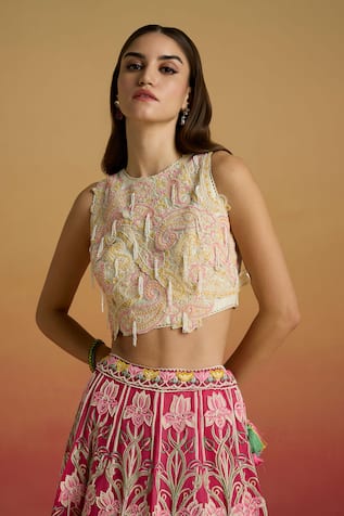 Chandrima Ivory Paisley Applique And Beadwork Crop Top 