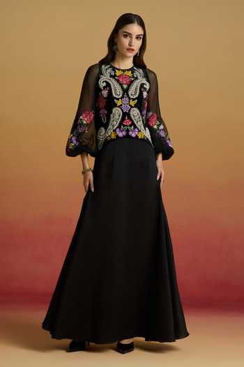 Chandrima Contrast Paisley Embroidered Flounce Dress 