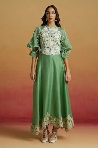 Chandrima Sage Green Contrast Embroidered Flounce Dress 