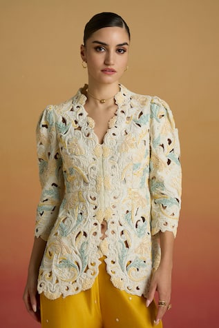 Chandrima Ivory Cord Work & Beadwork Peplum Jacket 