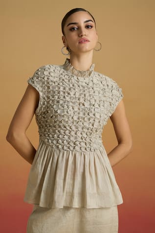 Chandrima Silver Beaded Smocked Top 