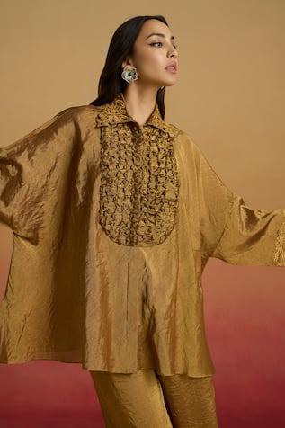 Chandrima Gold Smocked Tissue Shirt 