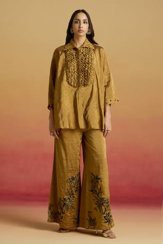 Chandrima Gold Contrast Applique Flared Pant 
