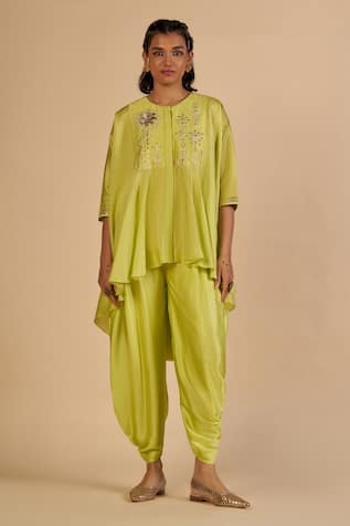Gulabo By Abu Sandeep Chanderi Embroidered Asymmetric Top & Draped Pant 