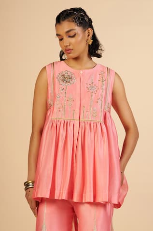 Gulabo By Abu Sandeep Chanderi Embroidered Gathered Tunic 