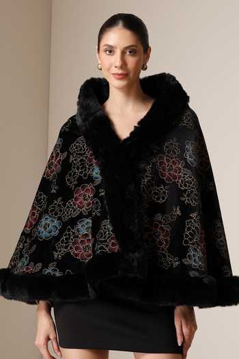 Dusala Vegan Fur Floral Brocade Cape 