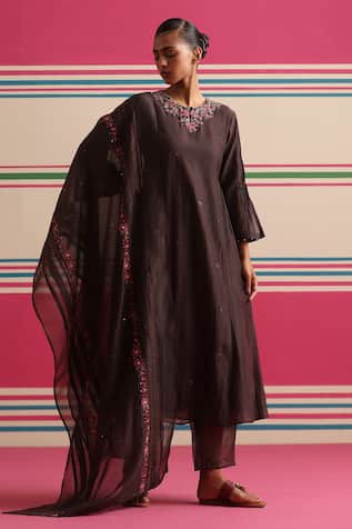 Beige Floral Embroidered Kurta Set  