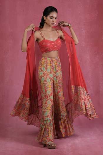 Sandhya Shah Placement Print Cape & Sharara Set 
