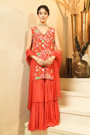 Surabhi Arya Floral Embroidered Jacket Style Kurta Sharara Set 