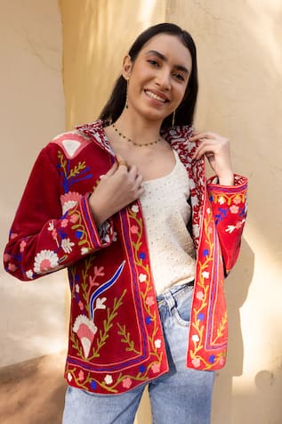 ASRUMO Velvet Hand Embroidered Floral Jacket 