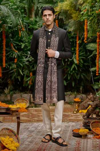 Philocaly Night Shade Gold Lace Sherwani With Dupatta 