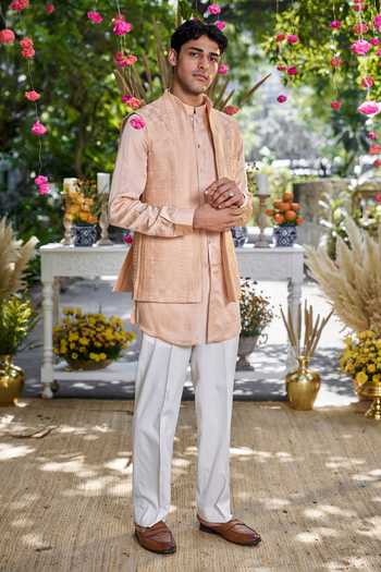 Philocaly Zarqa Geometric Embroidered Open Bundi & Kurta Set 