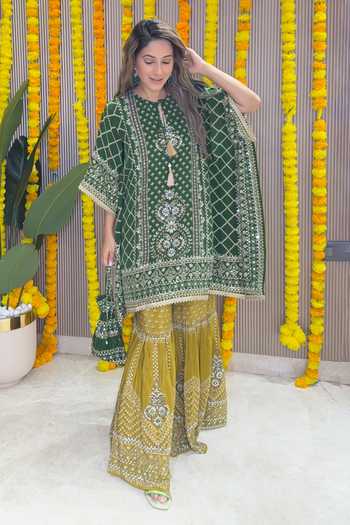 Surkh Syahi Mirror Work Kaftan & Gharara Set 