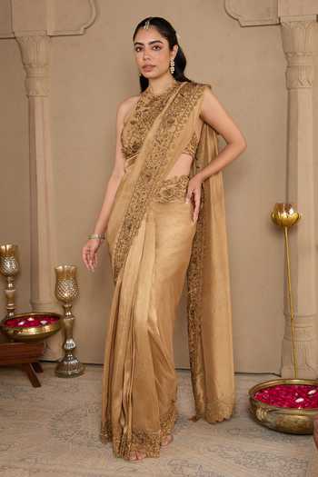 House Of Karmah Gold Embroidered Chanderi Saree With Blouse 