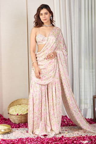 House Of Karmah Ember Floral Print Pre-Draped Gharara Saree With Bustier 