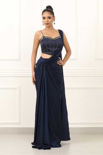 Omal Sindwani Midnight Blue Dusk Pre-Draped Saree With Blouse 