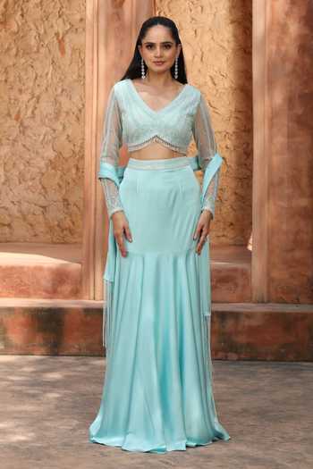 Omal Sindwani Aqua Glow Embroidered Blouse Skirt Set 